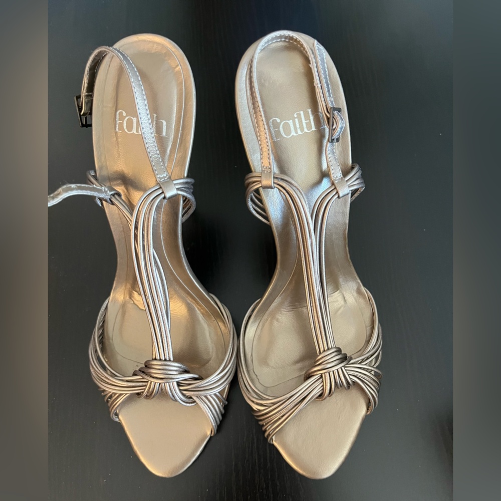 Faith Gold Heeled Evening Sandals, size 7